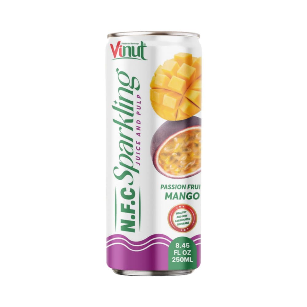 VINUT N.F.C स्पार्कलिंग जूस और पल्प पैशन फ्रूट मैंगो, स्लिम कैन, 8.45 fl oz 250 mL